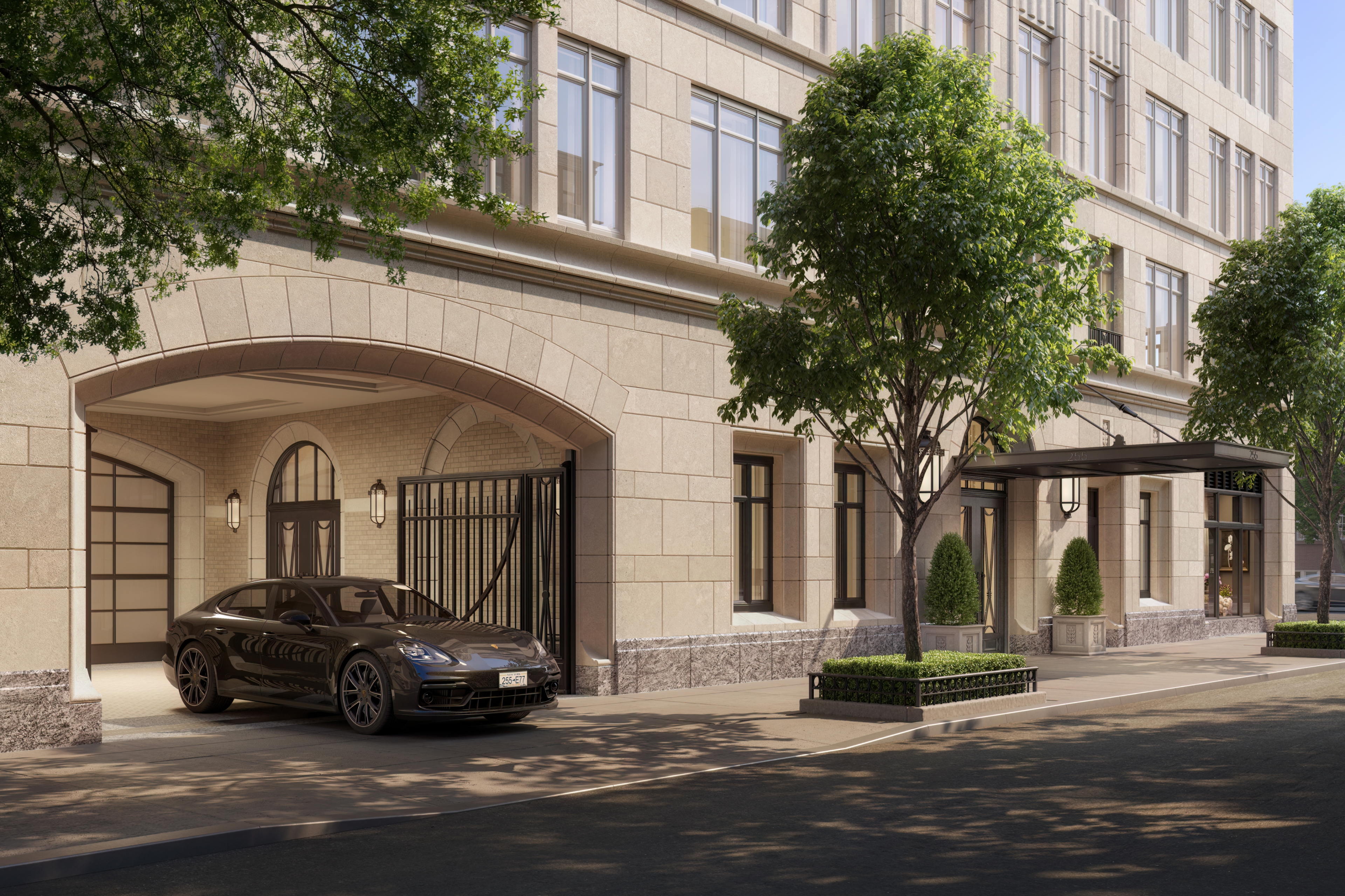 Porte cochère entrance at 255 East 77 Residences in Upper East Side NYC, designed by Naftali Group.