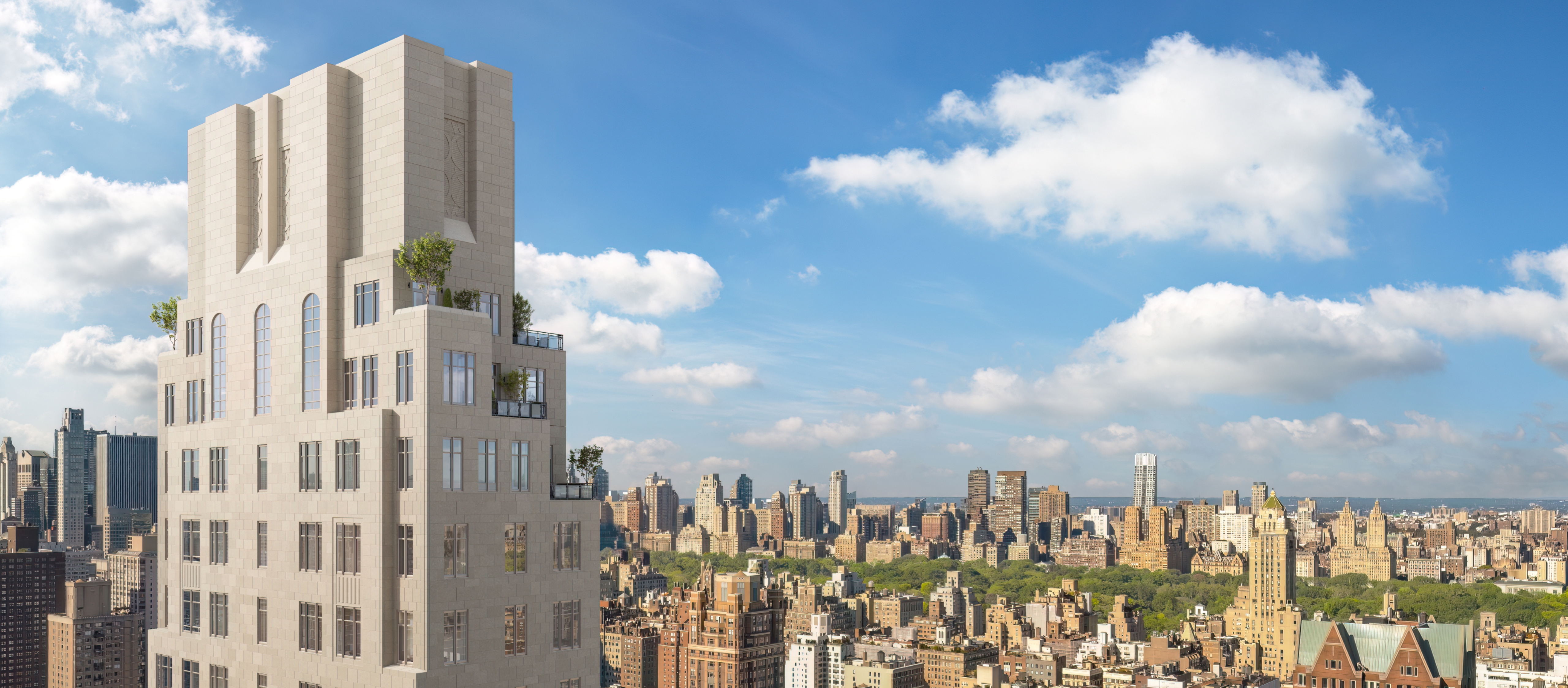 A panoramic view of the NYC skyline & Central Park featuring UES new development at 255 East 77 condominiums in foreground.