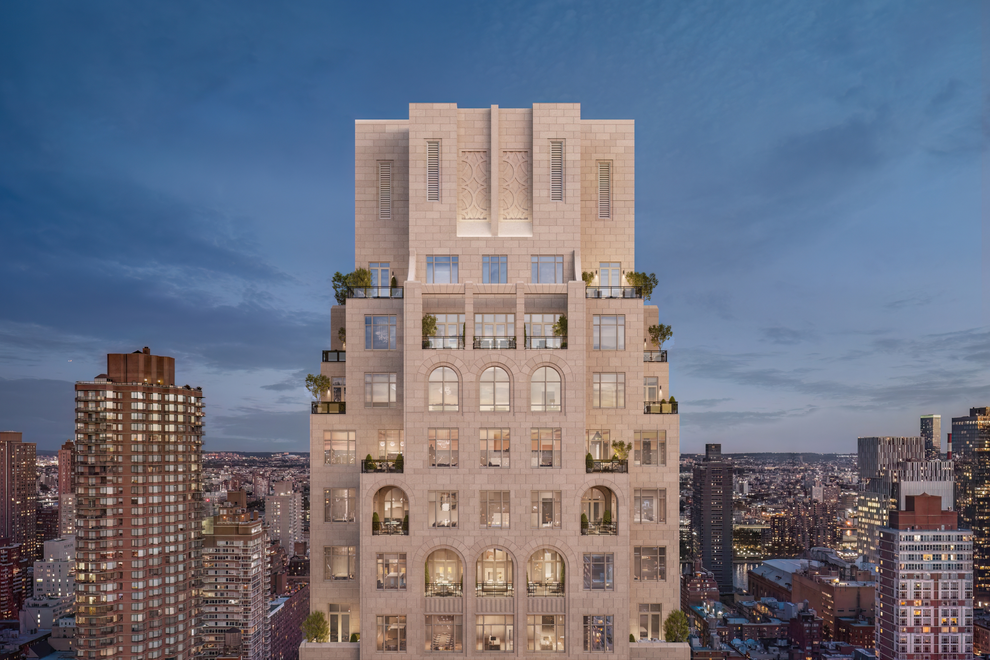Exterior of building with terraces at 255 East 77th Street Upper East Side condominiums by Naftali Group.